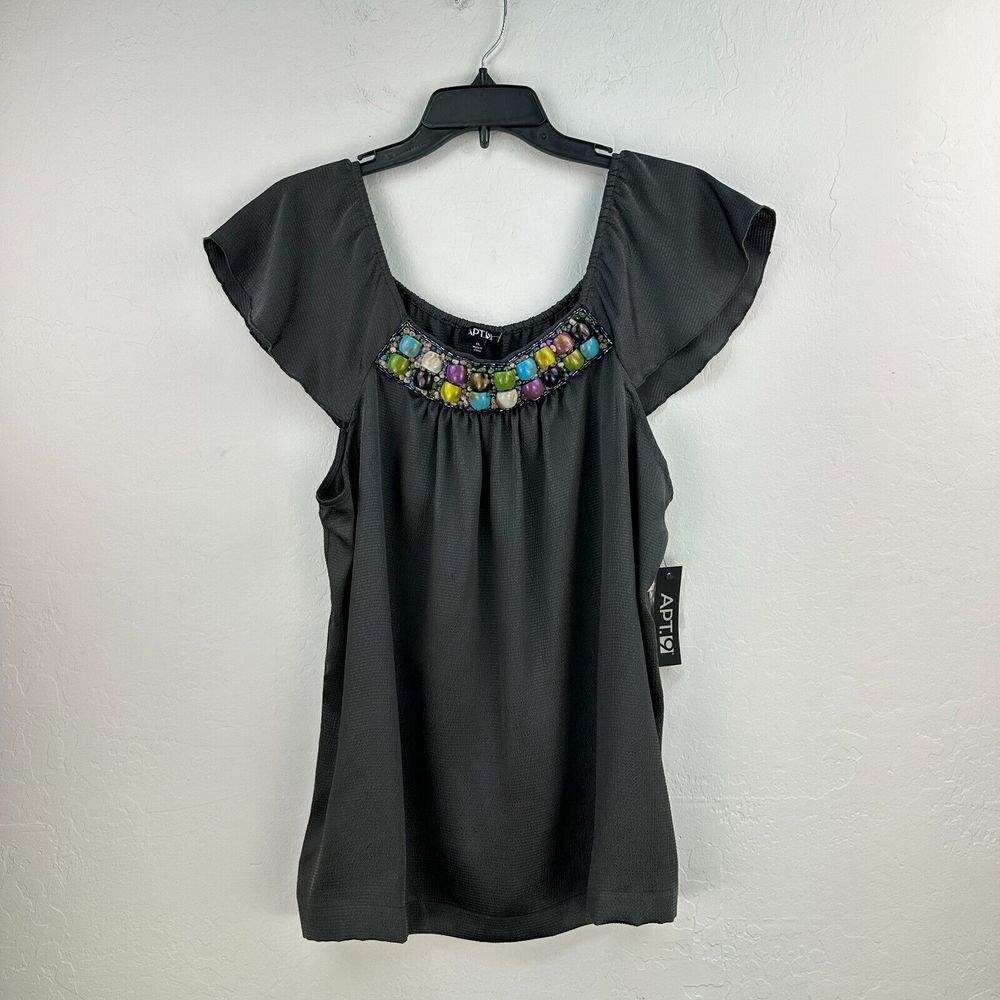 Apt. 9 Top Womens Blouse XL Gray Satin Textured Flutter Sleeve Stone‎ Beads NWT